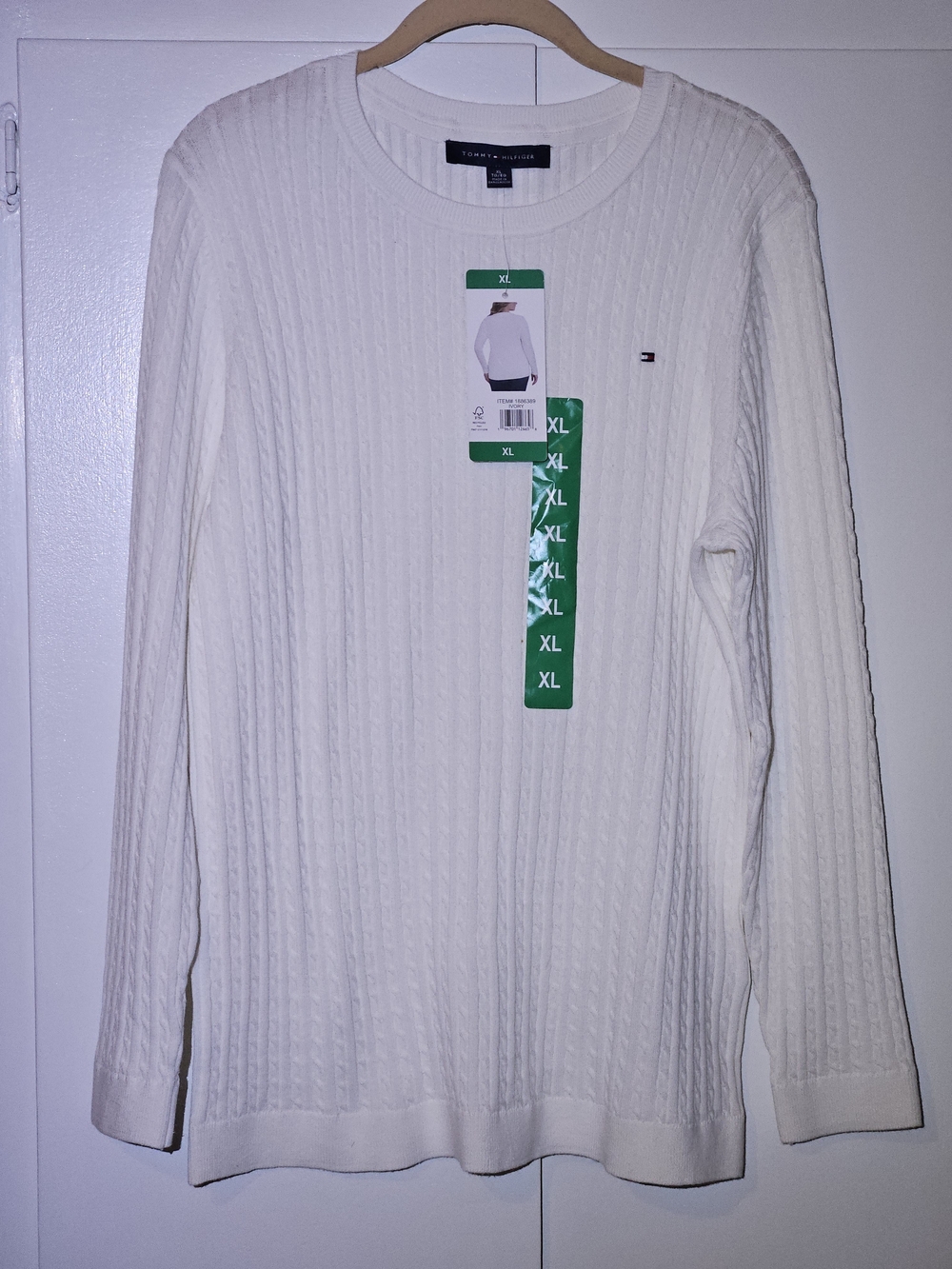 Tommy Hilfiger Women's White Cable-Knit Crewneck Sweater-NWT-(XL) w/FREE Gift